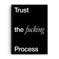 Minimalist typography art print with the phrase “Trust the fucking process” in bold white lettering, combining sans serif and cursive fonts on a black background.