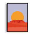 Minimalist illustration of Uluru (Ayers Rock) at sunset, featuring bold orange and red desert tones in the foreground and a large golden sun against a soft lavender sky.