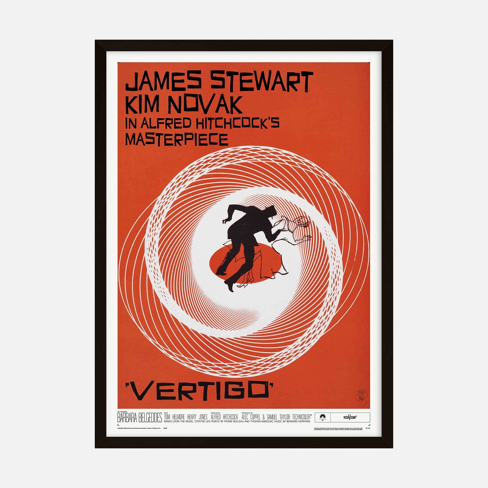 Vertigo movie poster art print featuring a spiral graphic and iconic film elements.