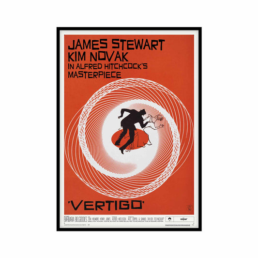 Recreation of the Vertigo movie poster, celebrating the cinema classic from Alfred Hitchcock with actors James Stewart and Kim Novak. This modern print adds a mid-century flair to any Hollywood decor.