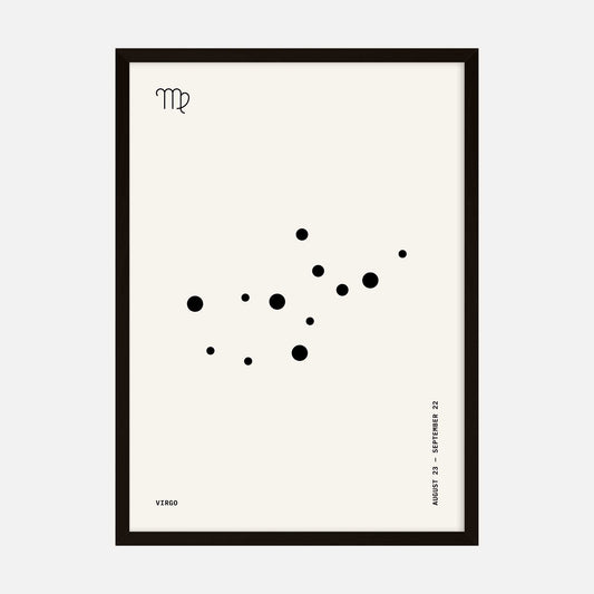 Minimalist Virgo constellation art print in black-and-white, featuring geometric dots representing the Virgo star sign constellation.