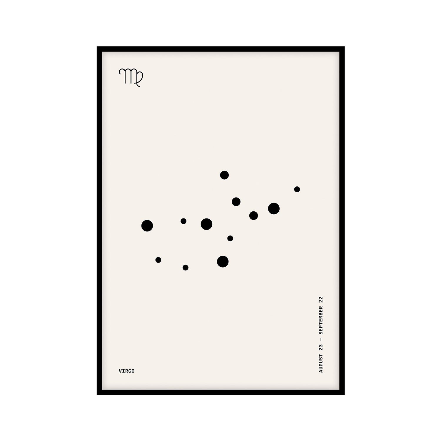 Minimalist Virgo constellation poster with black dots representing stars on a light background, featuring the Virgo zodiac symbol and birth date range.