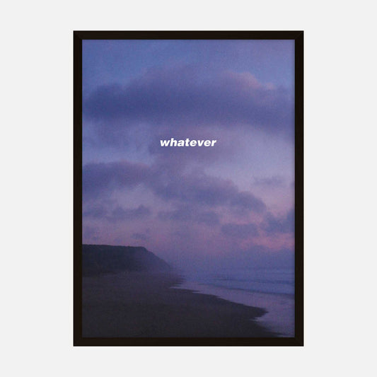 Purple shoreline art print with the word 'whatever' over a moody twilight beach scene.