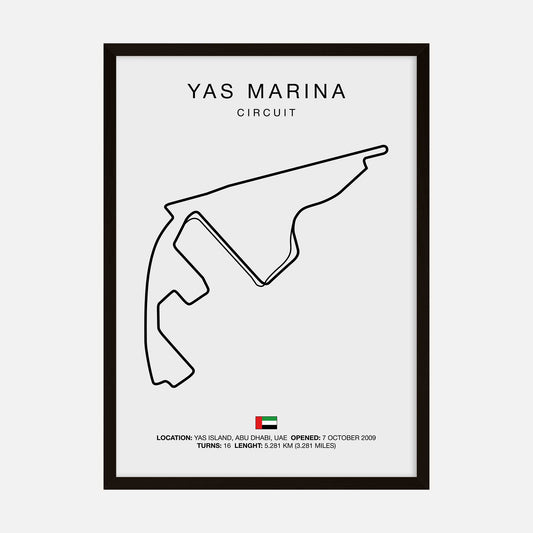 Minimalist art print of the Yas Marina Circuit track outline, showcasing the unique layout of the famous racing circuit in Abu Dhabi.